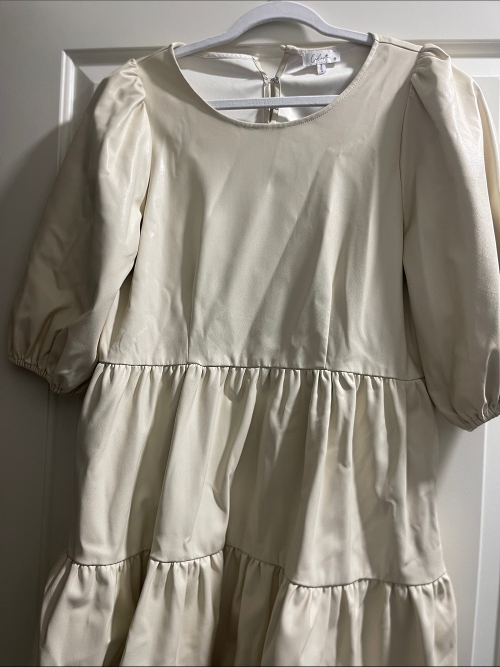 Leather Puff-Sleeve Tiered Casual Dress in Cream - Picture 2 of 2